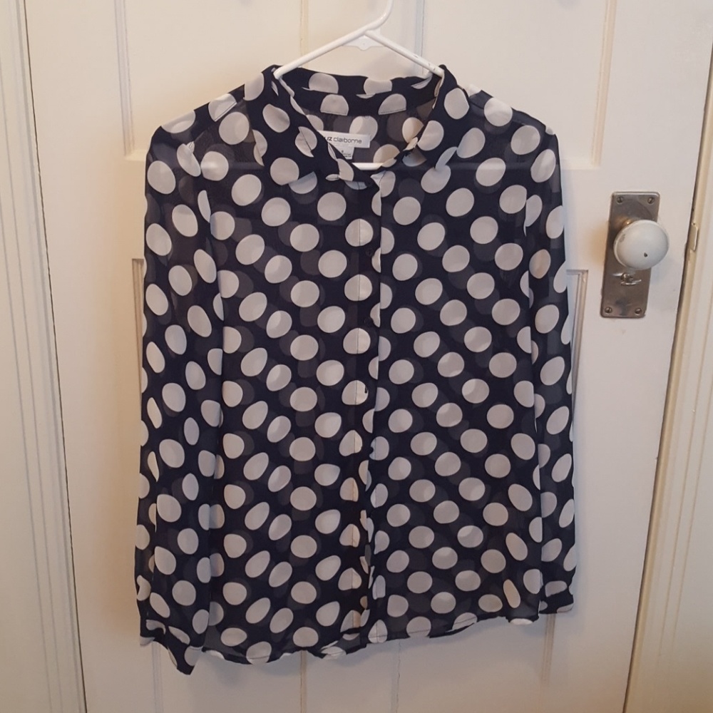 Long-Sleeve Navy Polka Dot Blouse